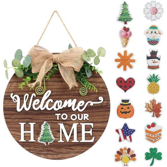 Wooden Seasonal Holiday Welcome Sign -14 Holiday Interchangeable Icons - Picture 1 of 8